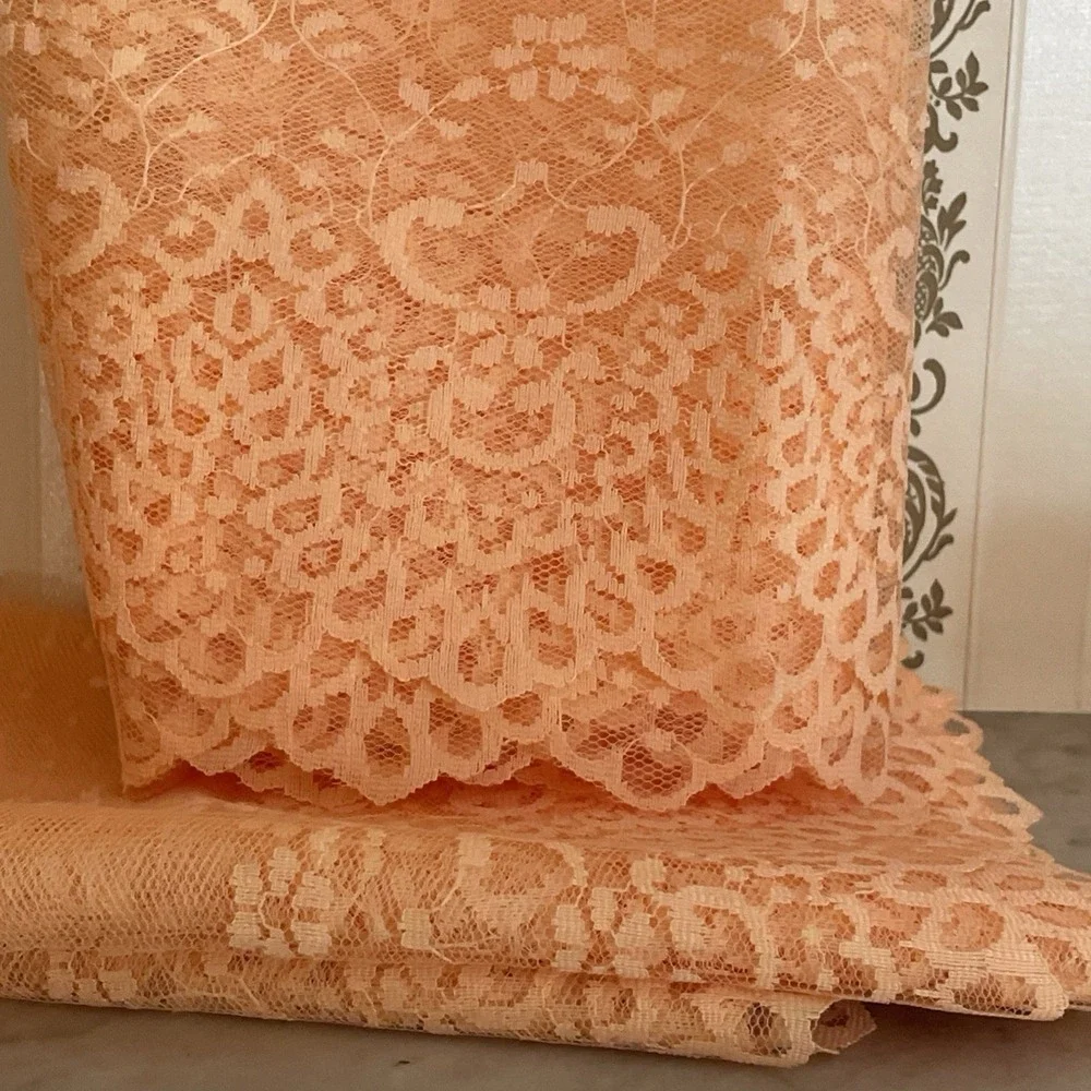 New Peach/Lt Orange Lace Fabric | Delicate Floral Embroidery Net Mesh | 9